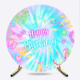Lofaris Summer Neon Happy Birthday Round Backdrop Tie Dye Pool Party with Flamingo Splish Splash Kids Photo Prop Decor